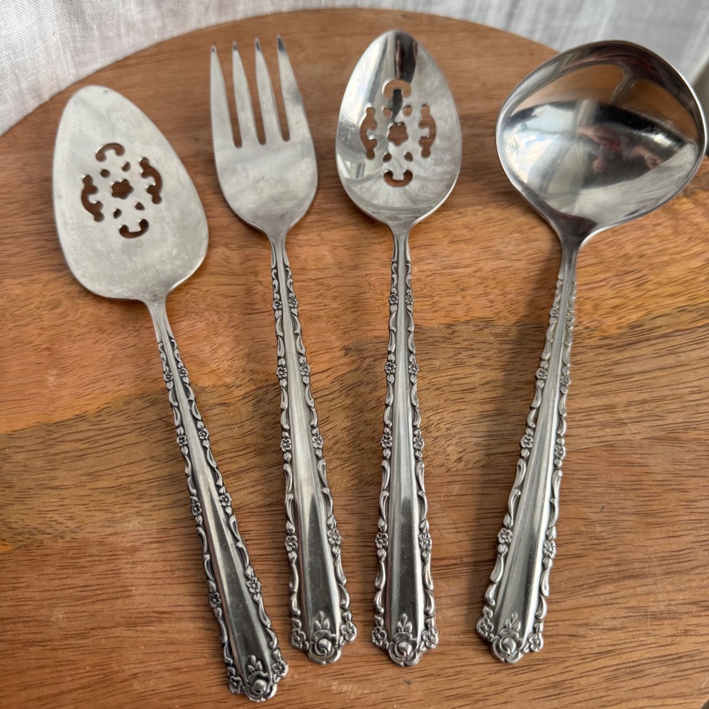 Oneida‎ CHERIE Stainless Steel Set of 4 Serving Utensils Vintage Floral Hostess